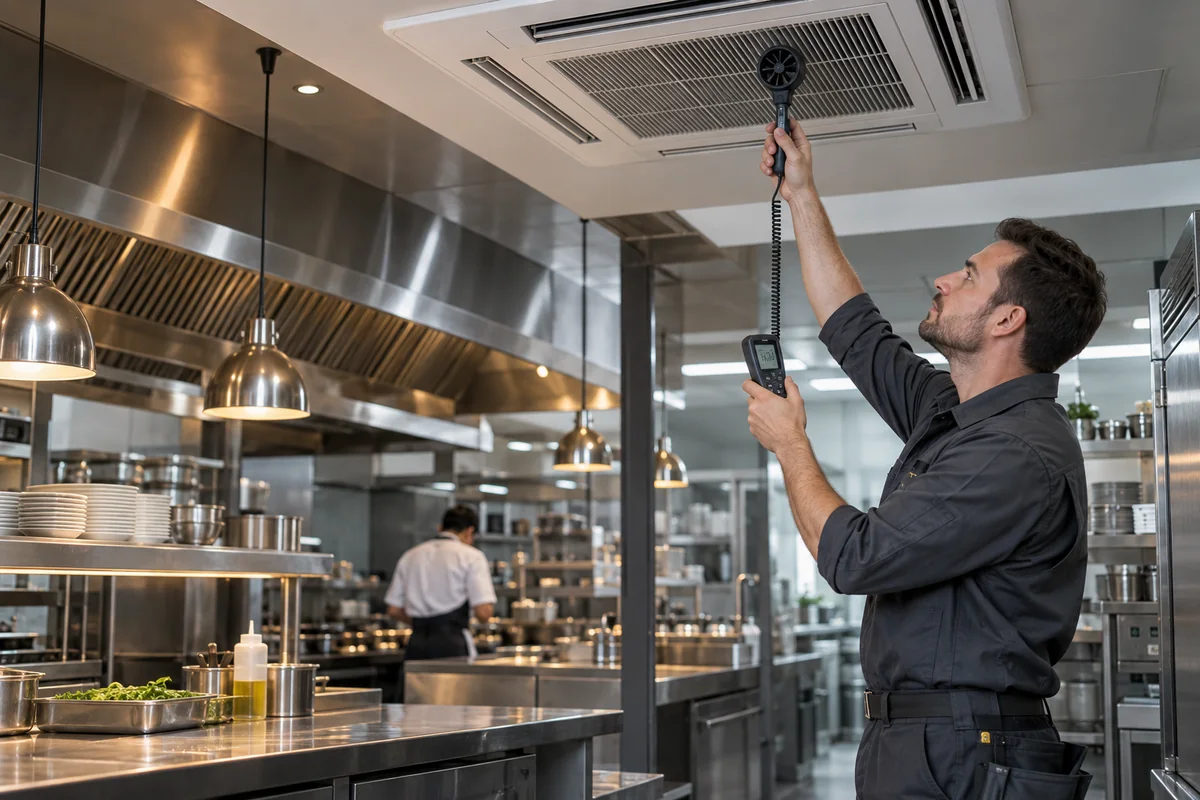 Técnico avaliando o fluxo de ar em ar-condicionado comercial