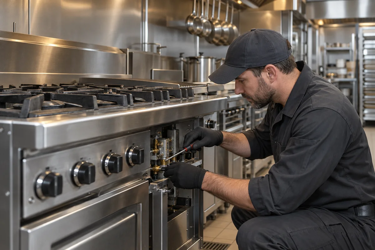 Técnico realizando manutenção em fogão industrial a gás
