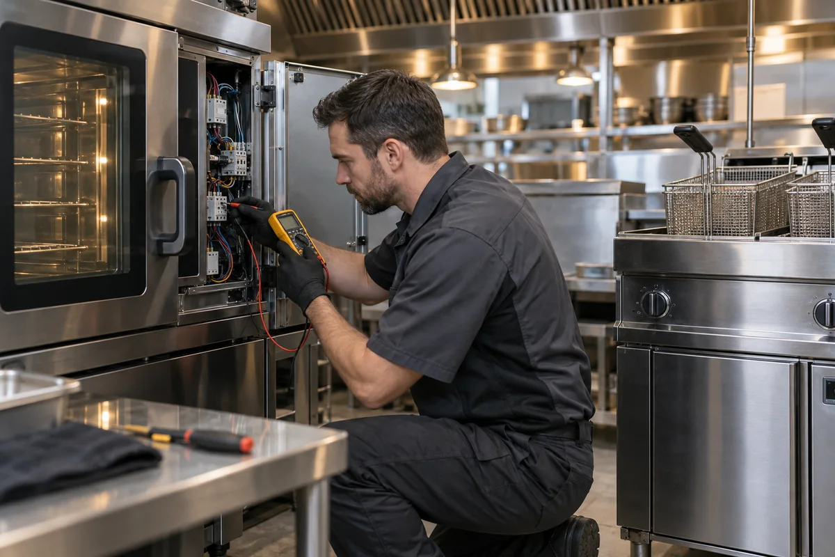 Técnico diagnosticando forno elétrico profissional com multímetro