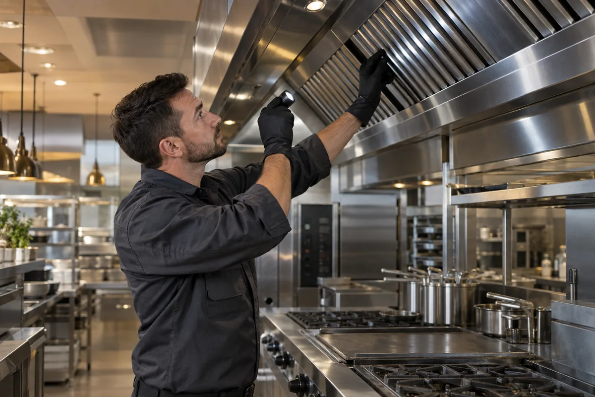 Técnico inspecionando filtros de coifa industrial em cozinha profissional