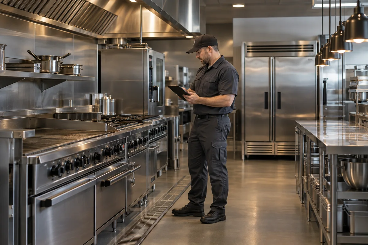 Técnico consultando checklist de manutenção preventiva em cozinha industrial